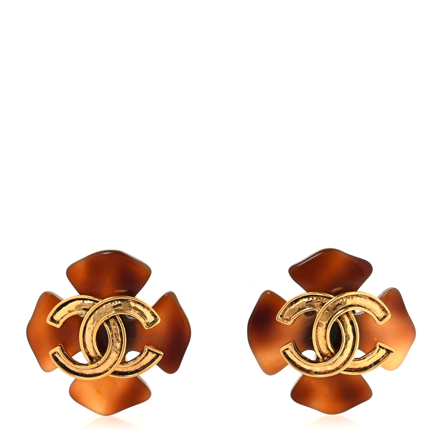 Faux Tortoise Clover Cross CC Clip On Earrings Gold