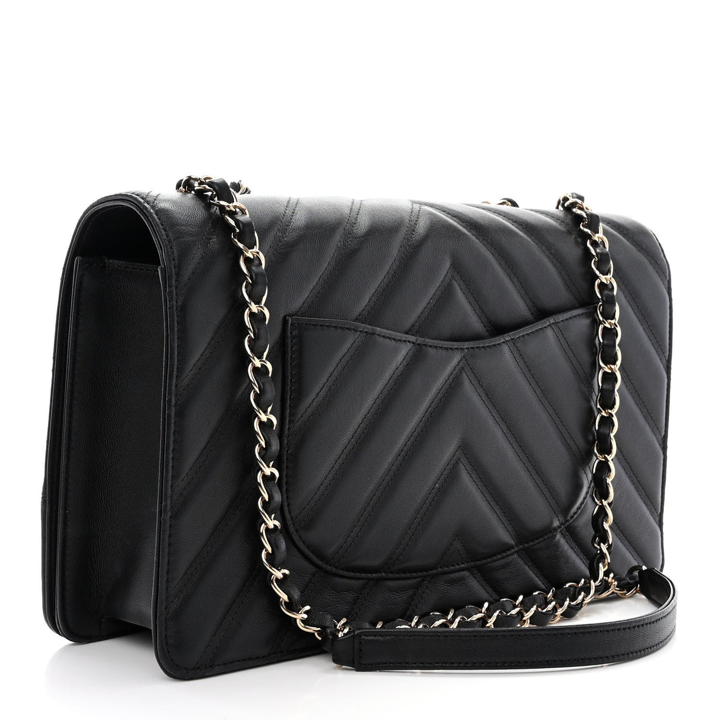 Calfskin Chevron Quilted Large Flap Black