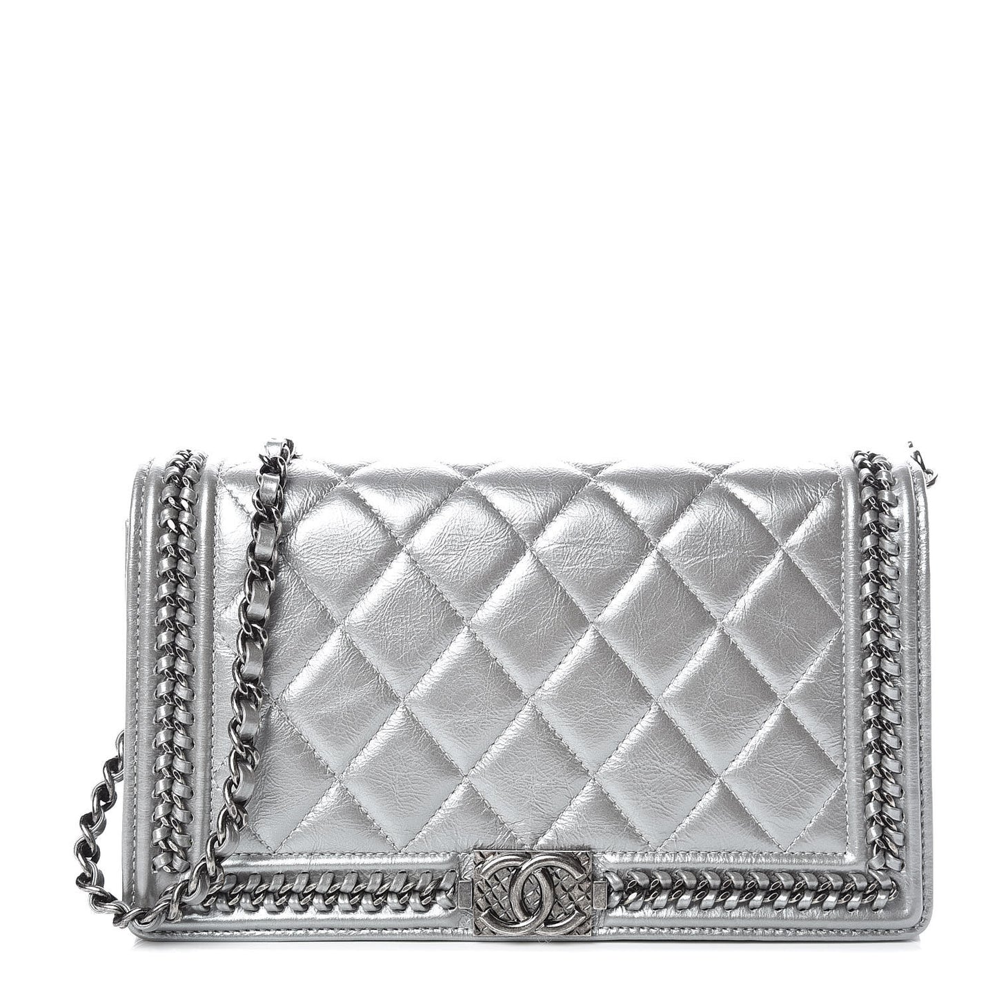 Metallic Calfskin Quilted Chain Around Boy Wallet On Removable Chain WOC Silver