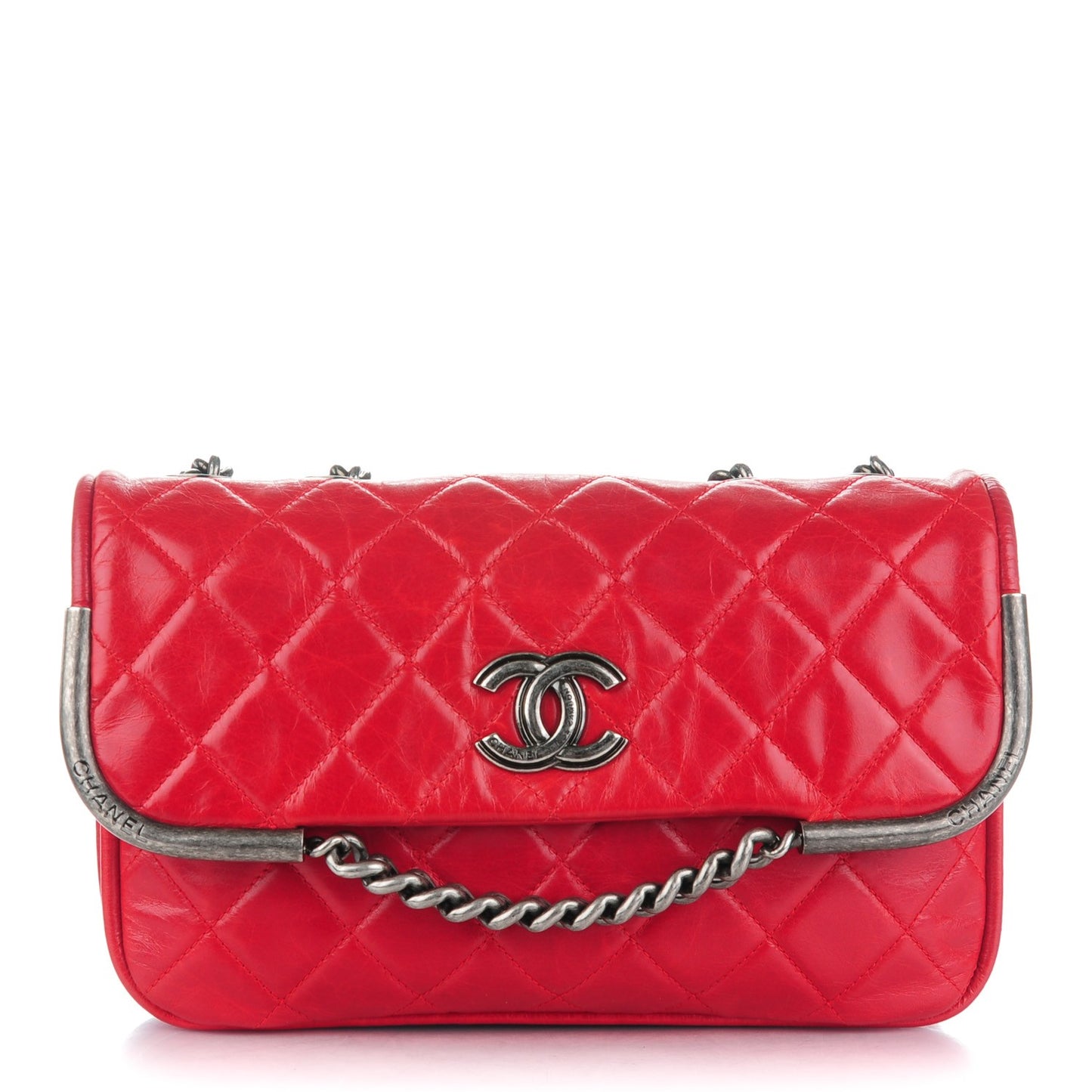 Glazed Calfskin Quilted Flap Red