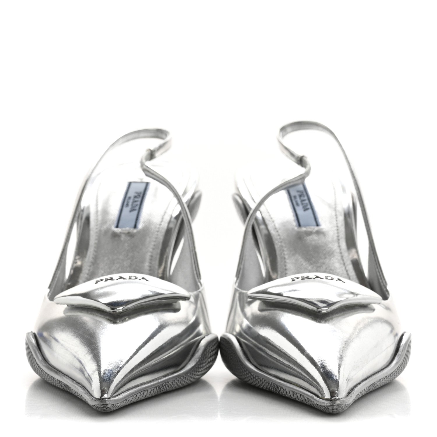 Prada Spazzolato Triangle Logo Pointed Toe 45mm Slingback Pumps 36.5 Argento 3 of 11