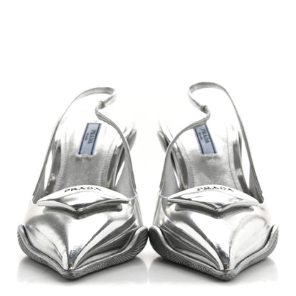 Prada Spazzolato Triangle Logo Pointed Toe 45mm Slingback Pumps 36.5 Argento 3 of 11