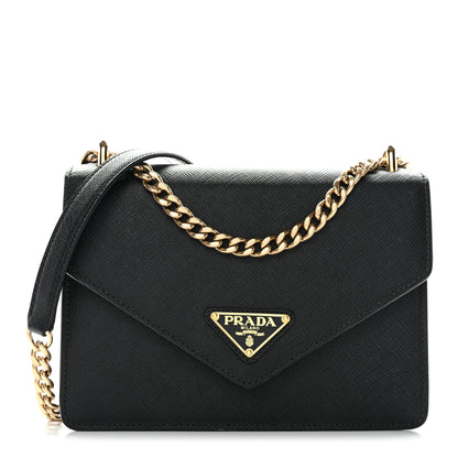 Prada Saffiano Soft Calfskin Metal Triangle Logo Envelope Chain Shoulder Bag Black 1 of 11