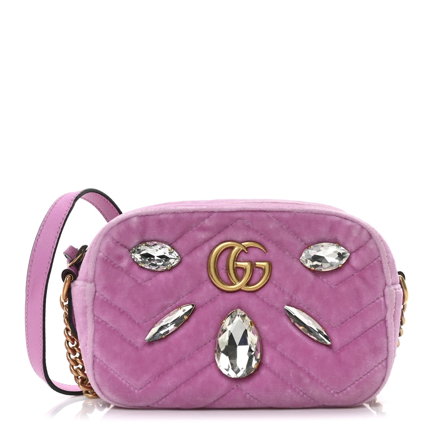 Velvet Matelasse Marquise Crystals Mini GG Marmont Chain Shoulder Bag Malva