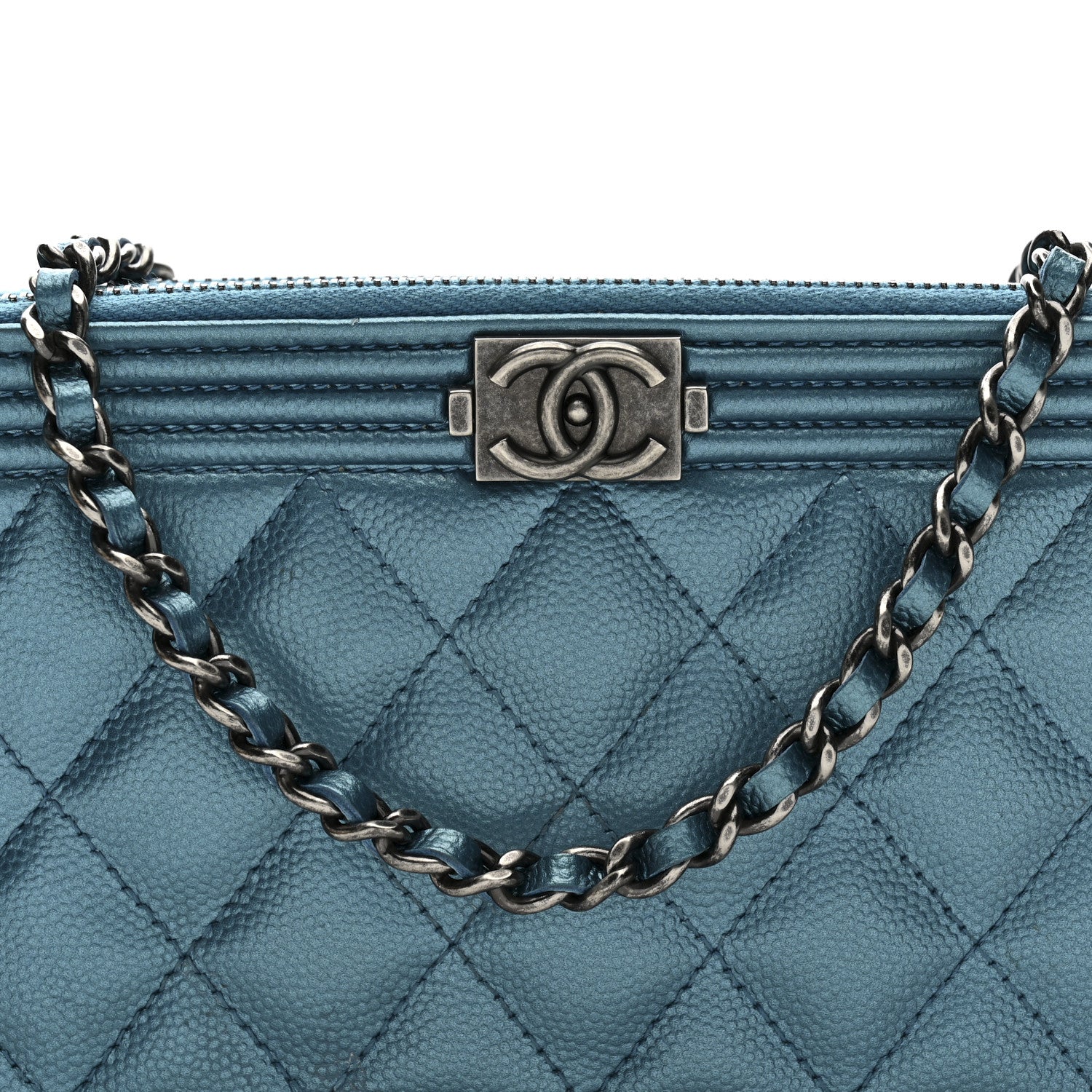 Chanel Metallic Caviar Quilted Small Boy Clutch With Chain Turquoise 10 of 16