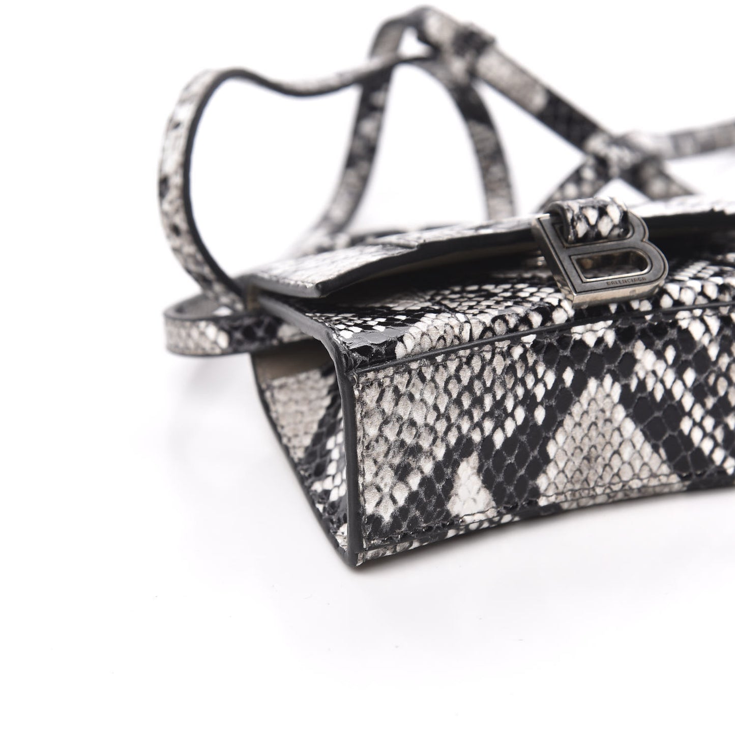 Shiny Calfskin Python Effect Hourglass Top Handle Bag Mini Black White