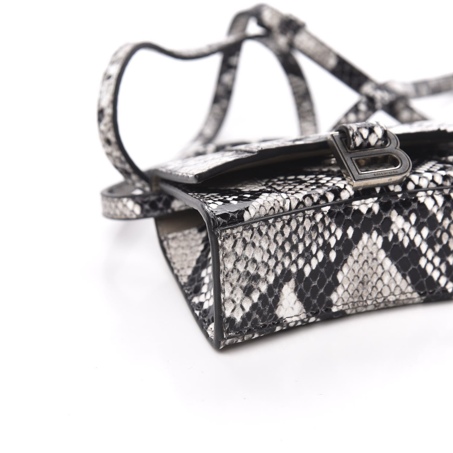 Balenciaga Shiny Calfskin Python Effect Hourglass Top Handle Bag Mini Black White 9 of 10