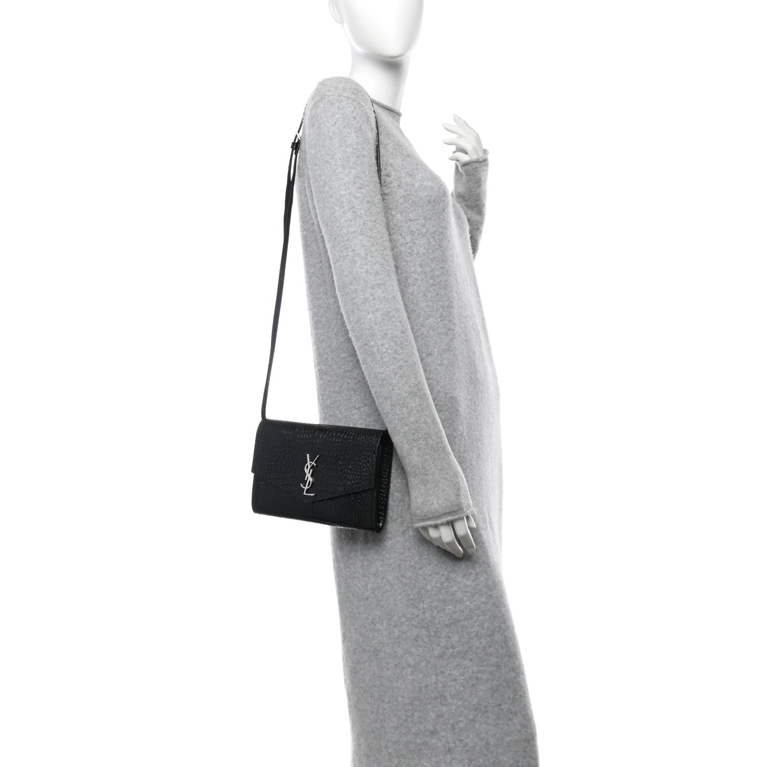 Saint Laurent Calfskin Crocodile Embossed Monogram Uptown Crossbody Black 2 of 11