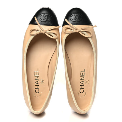 Chanel Lambskin Cap Toe CC Ballerina Flats 36 Beige Black 2 of 11