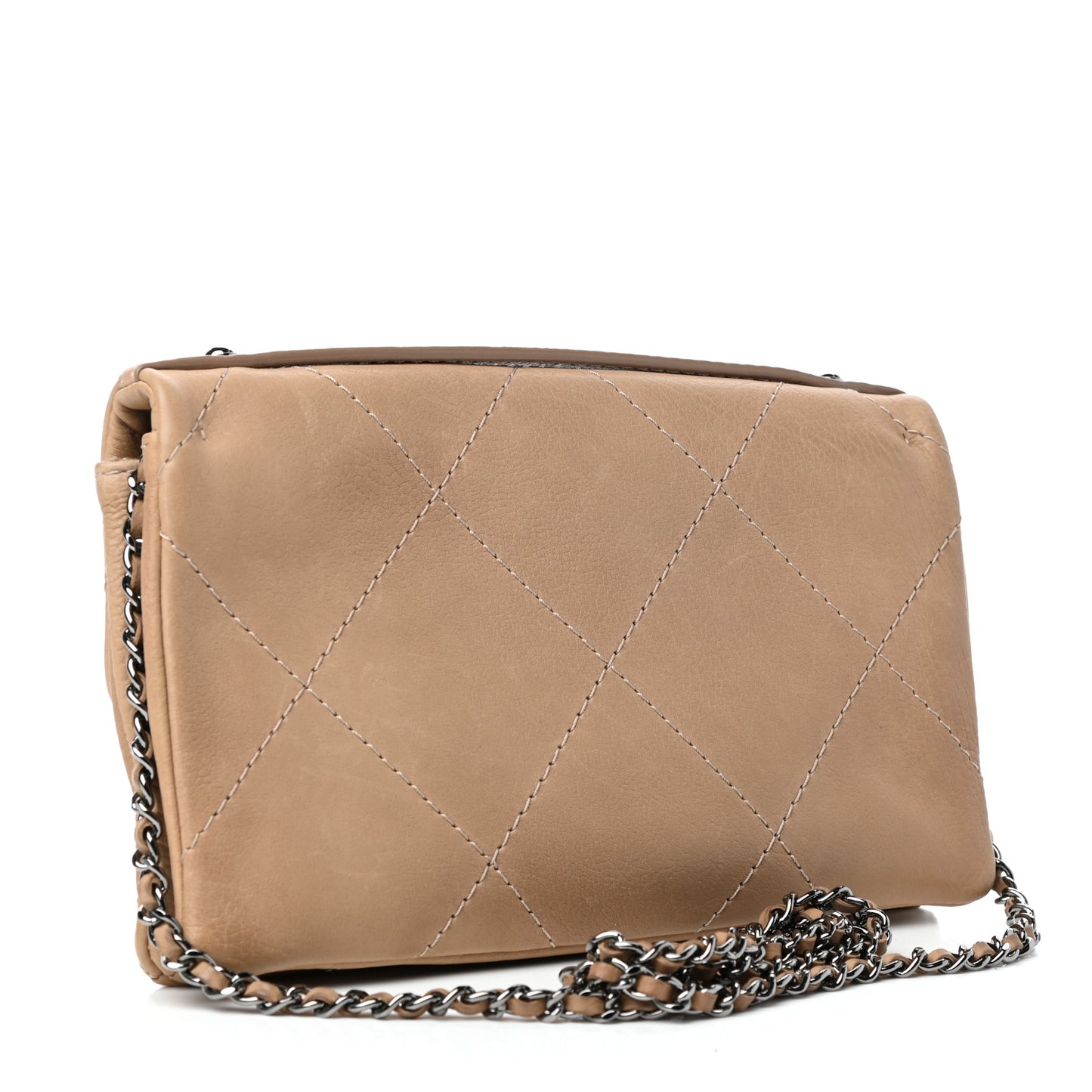Washed Calfskin Diamond Stitch Hamptons Clutch With Chain Dark Beige