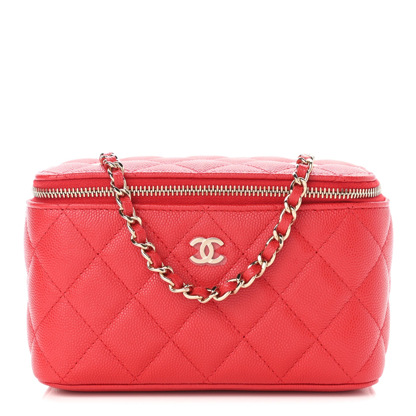 Caviar Quilted Small Vanity Case With Chain Red