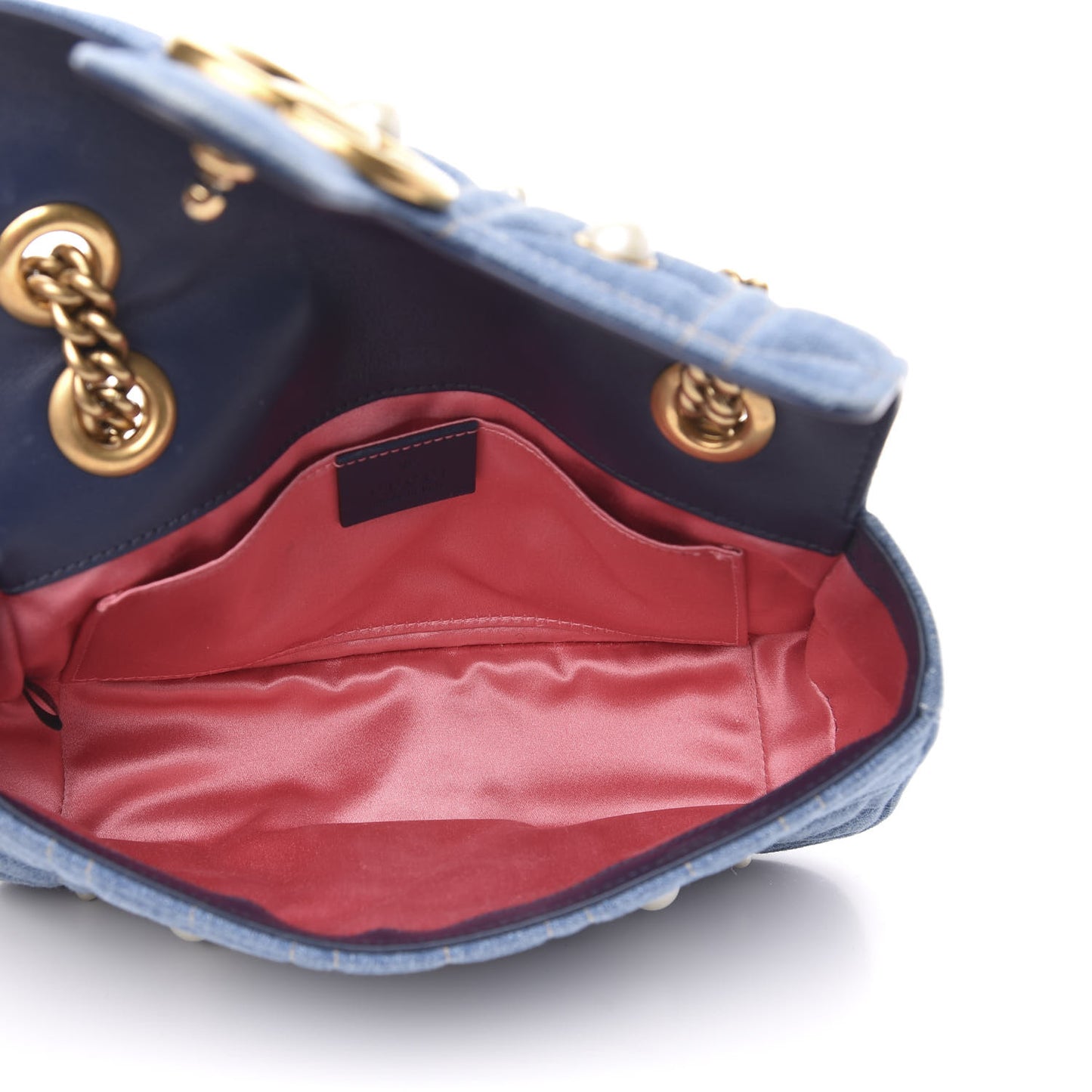 Denim Matelasse Pearl Studded Mini GG Marmont Shoulder Bag Blue