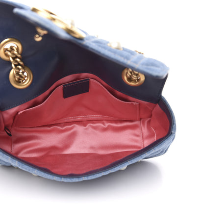 Gucci Denim Matelasse Pearl Studded Mini GG Marmont Shoulder Bag Blue 5 of 11
