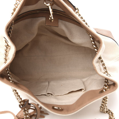 Gucci Linen Canvas Pebbled Calfskin Medium Soho Chain Shoulder Bag White Camelia 5 of 10
