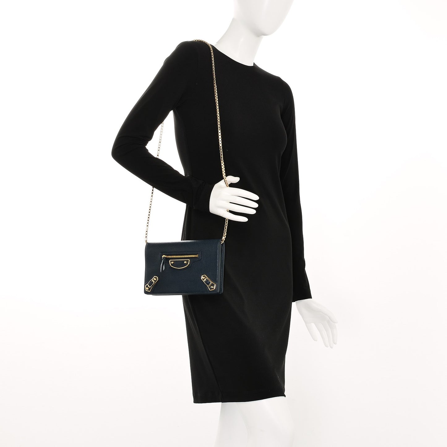 Chevre Gold Metallic Edge Hardware Wallet on Chain Bleu Nuit