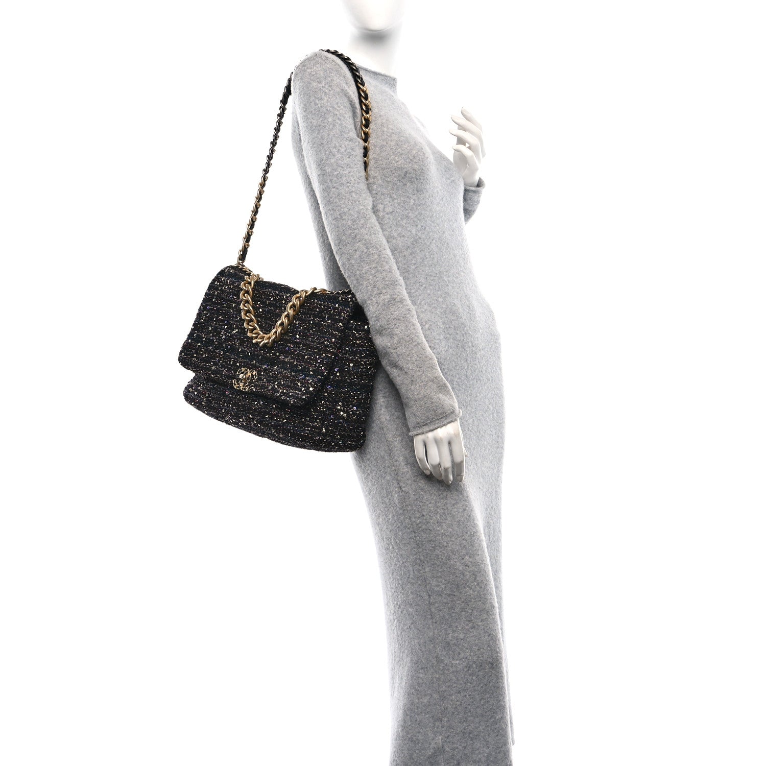 Chanel Tweed Sequin Quilted Maxi Chanel 19 Flap Black Multicolor 2 of 10