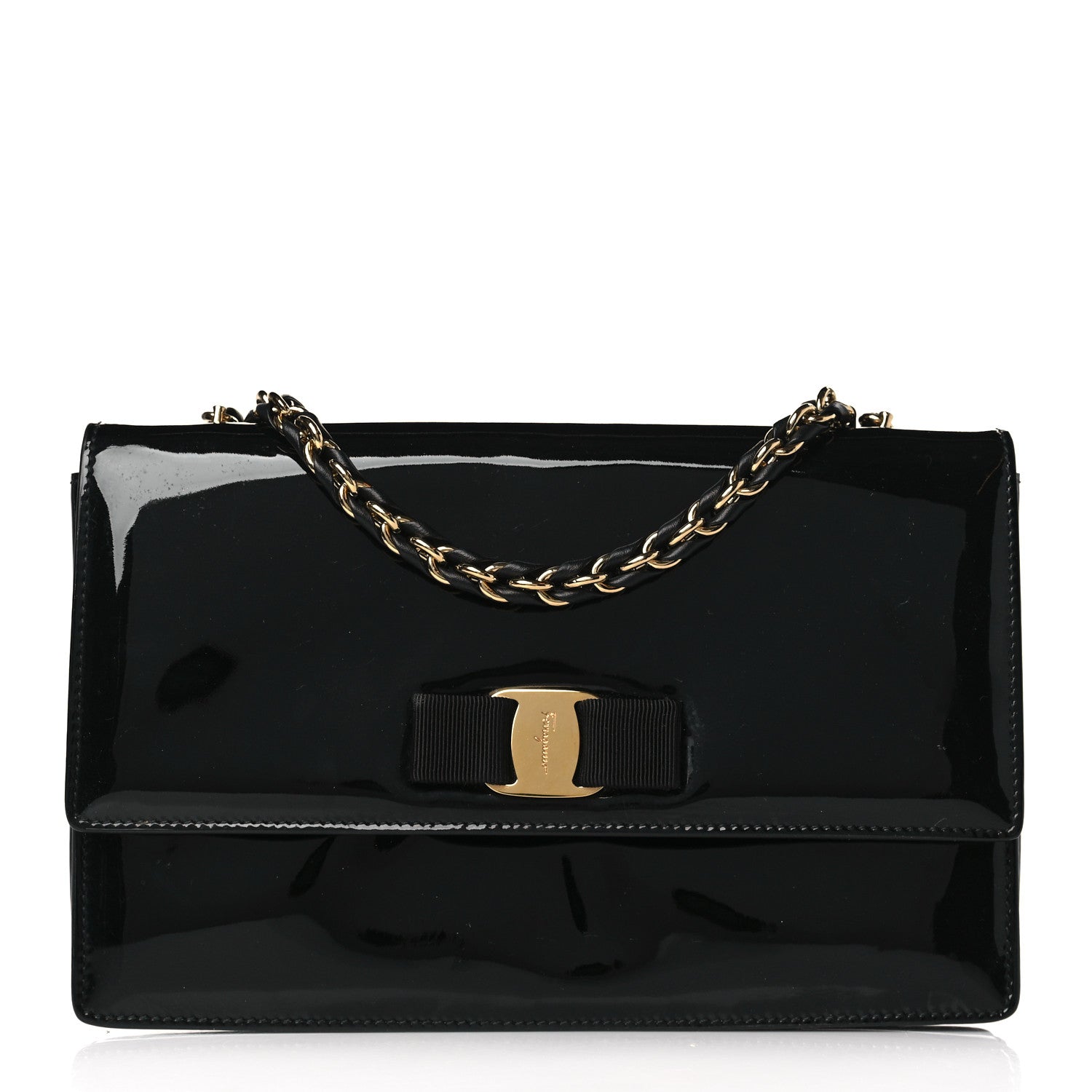 Salvatore Ferragamo Patent Ginny Vara Bow Shoulder Bag Black 1 of 9