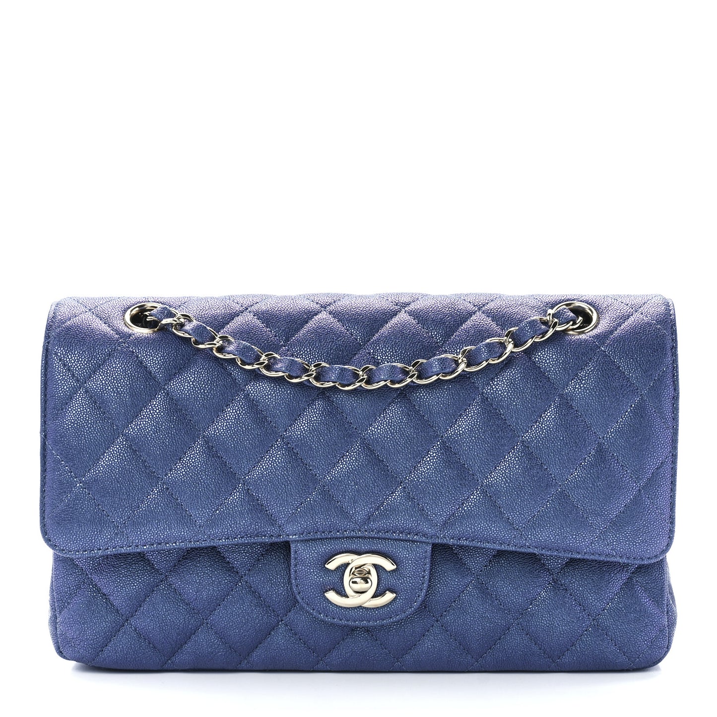 Iridescent Caviar Quilted Medium Double Flap Dark Blue