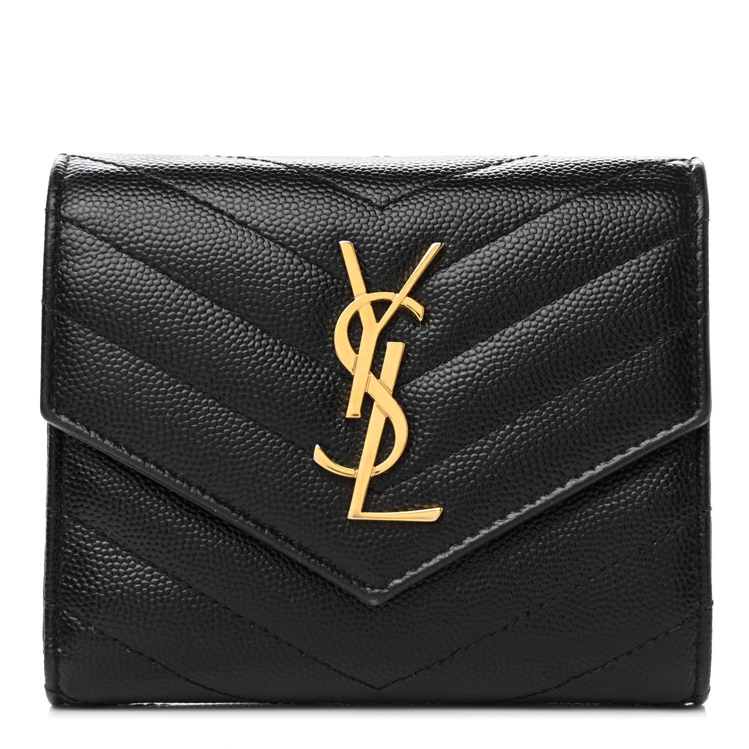 Saint Laurent Grain De Poudre Matelasse Chevron Monogram Compact Tri Fold Wallet Black 1 of 8