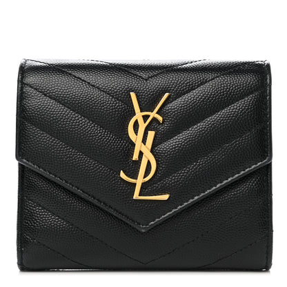 Saint Laurent Grain De Poudre Matelasse Chevron Monogram Compact Tri Fold Wallet Black 1 of 8