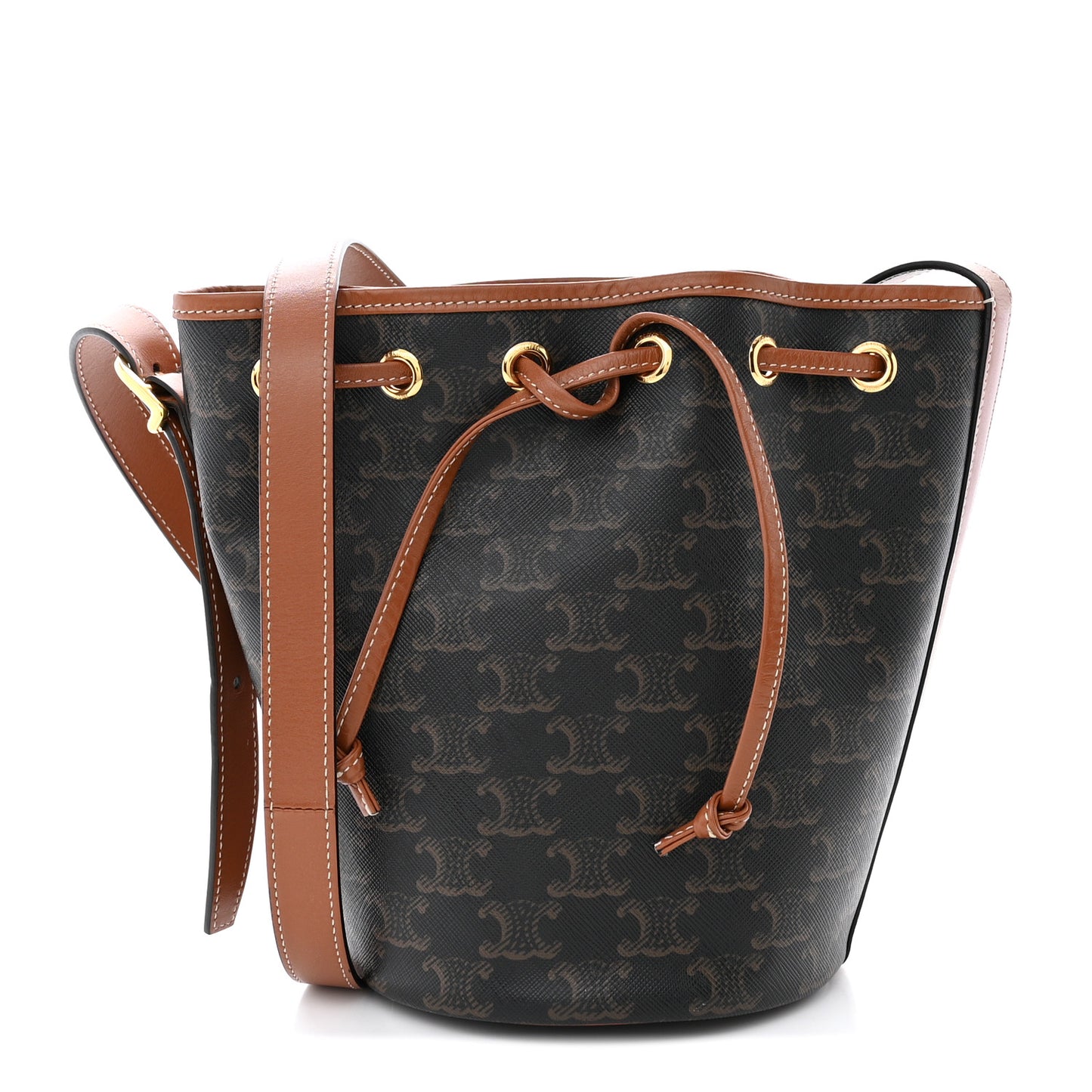 Triomphe Canvas Calfskin Small Drawstring Bucket Bag Tan