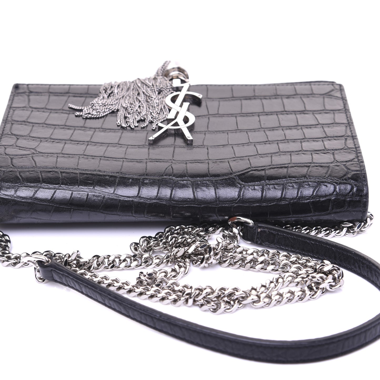 Calfskin Crocodile Embossed Kate Monogram Tassel Chain Wallet Black