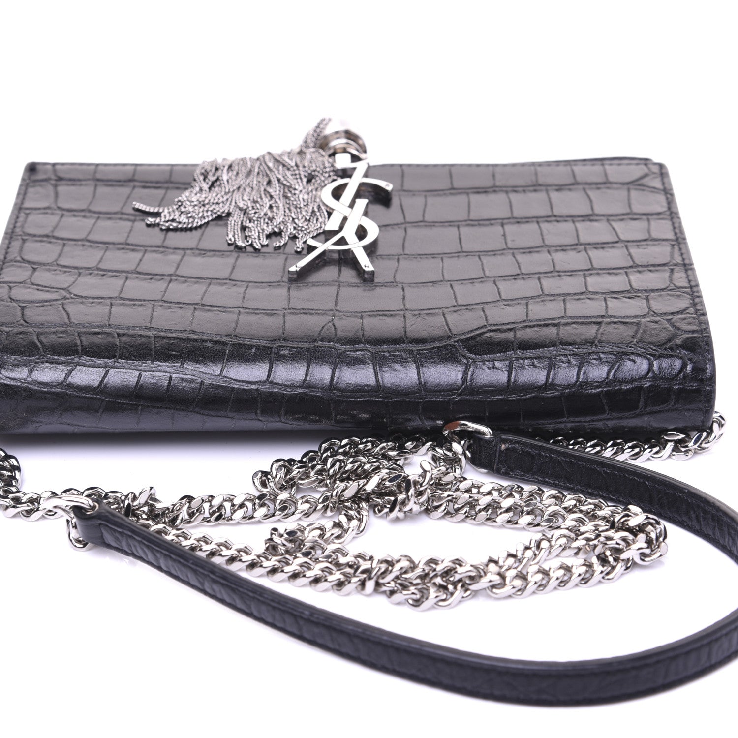Saint Laurent Calfskin Crocodile Embossed Kate Monogram Tassel Chain Wallet Black 12 of 17