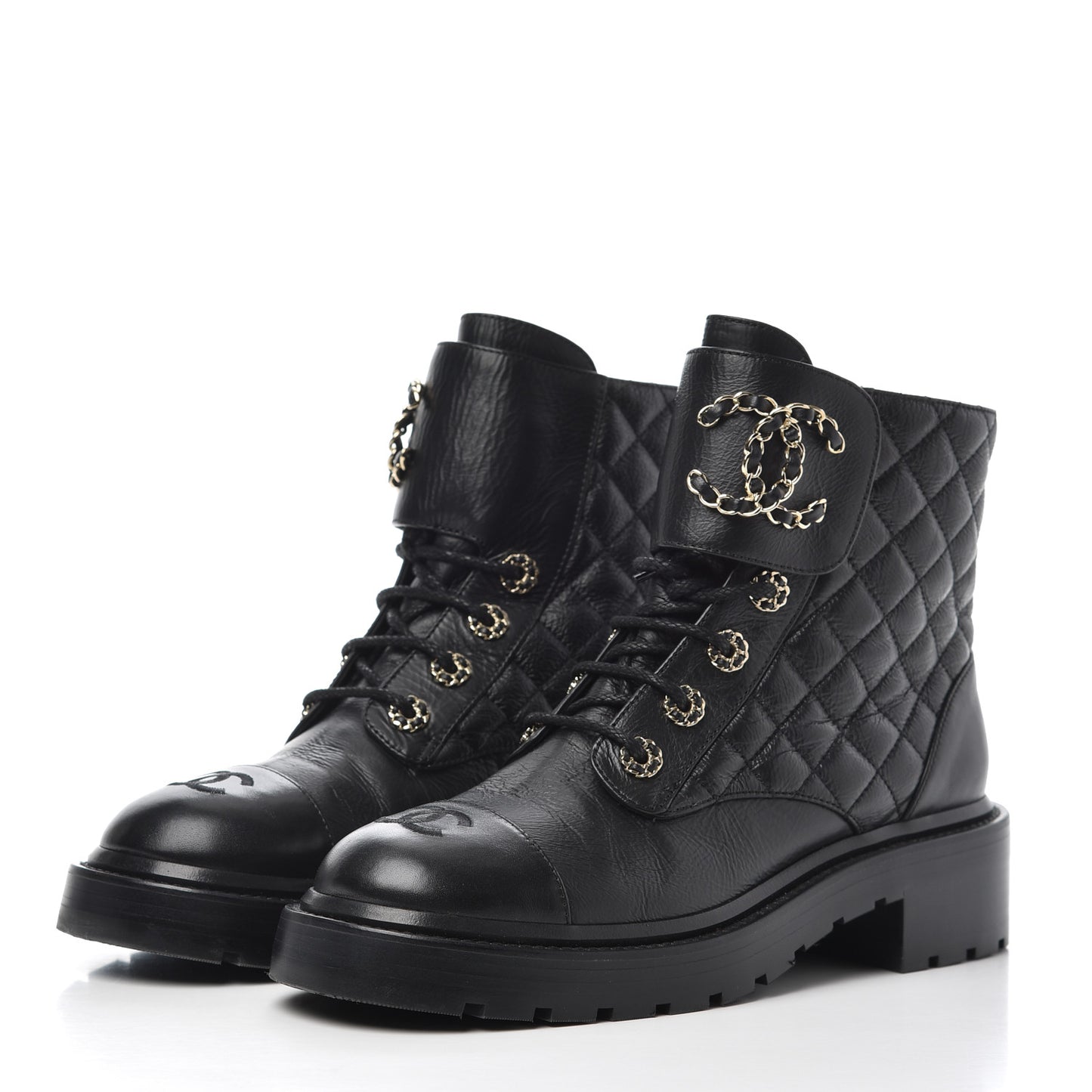 Shiny Goatskin Calfskin Quilted Lace Up Combat Boots 38 Black