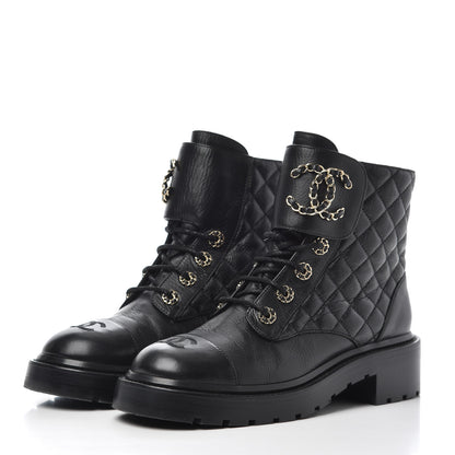Chanel Shiny Goatskin Calfskin Quilted Lace Up Combat Boots 38 Black 3 of 17