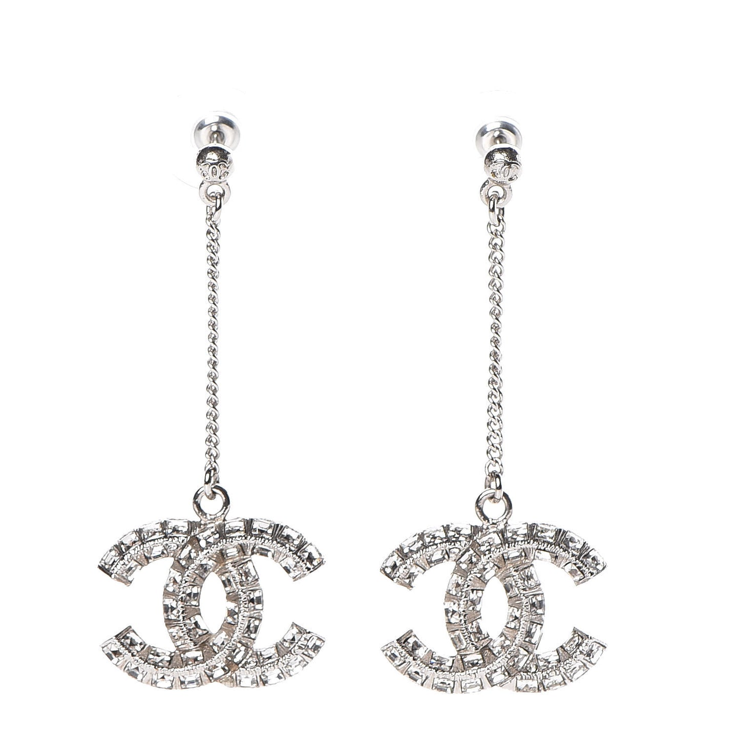 Baguette Crystal CC Drop Earrings Silver