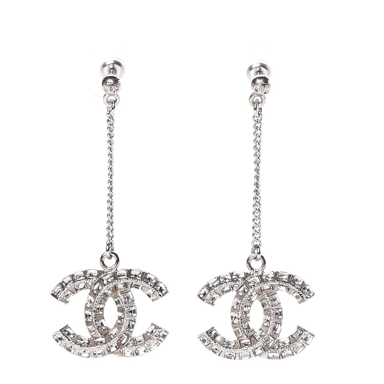Chanel Baguette Crystal CC Drop Earrings Silver 1 of 4