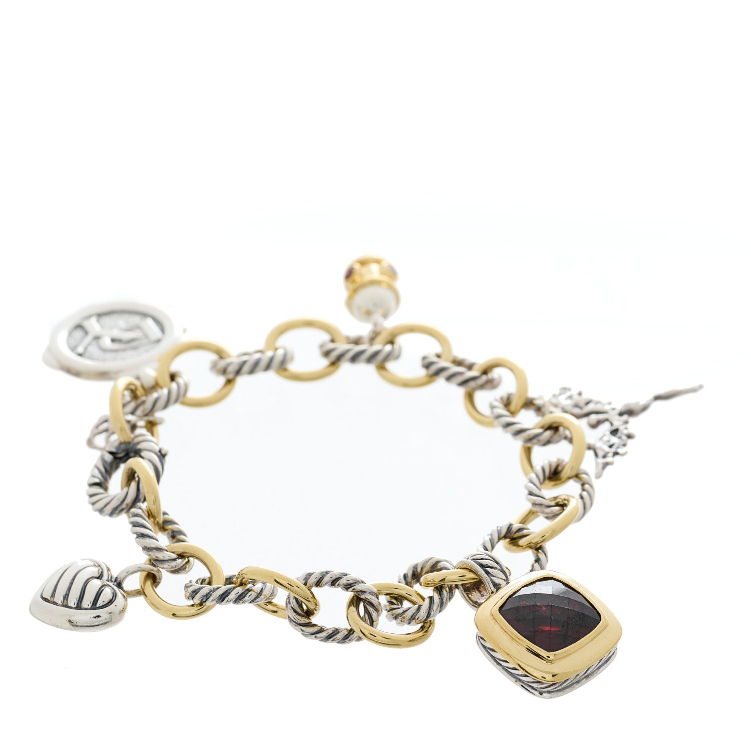 David Yurman Sterling Silver 18K Yellow Gold Garnet Carnelian 25th Anniversary Charm Bracelet 4 of 6