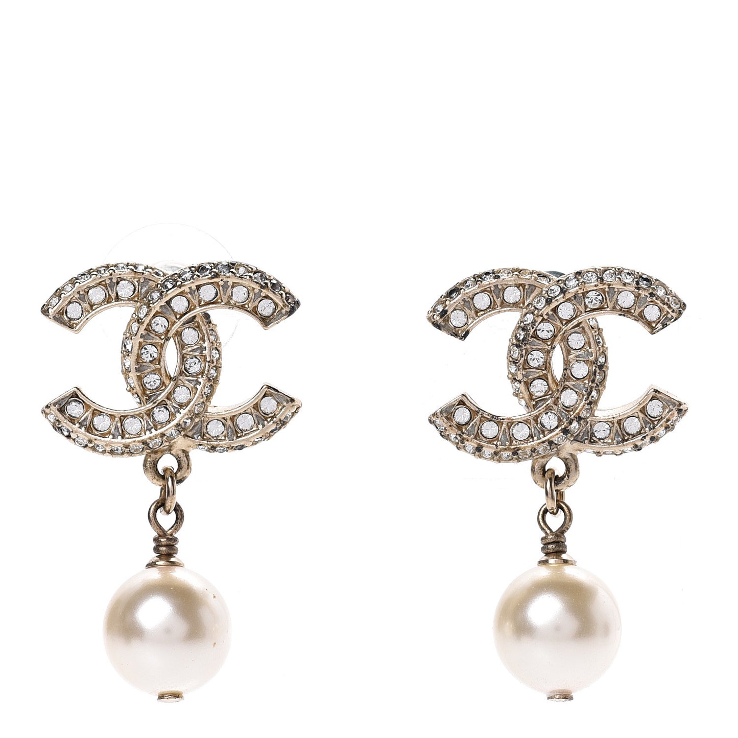 Crystal Pearl CC Drop Earrings Gold