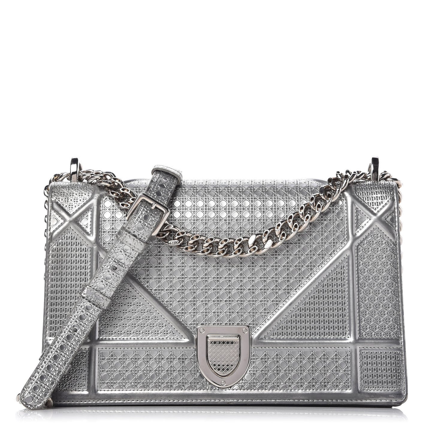 Metallic Patent Micro-Cannage Medium Diorama Flap Bag Silver
