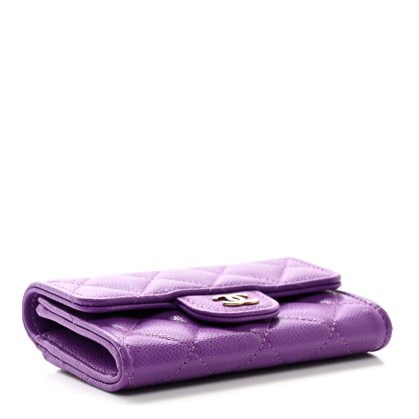 Caviar Quilted Flap Card Holder Wallet Purple