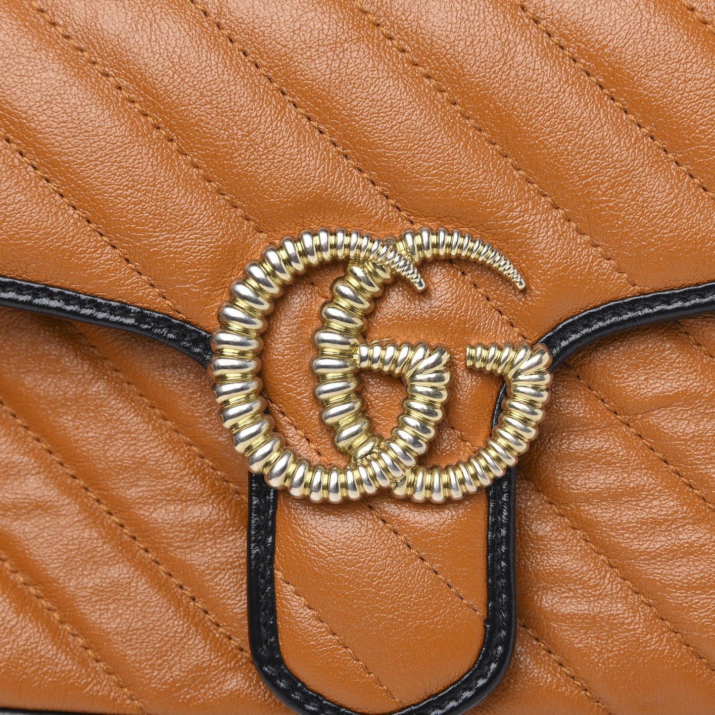 Vintage Effect Calfskin Matelasse Diagonal Small Torchon GG Marmont Shoulder Bag Cognac Black