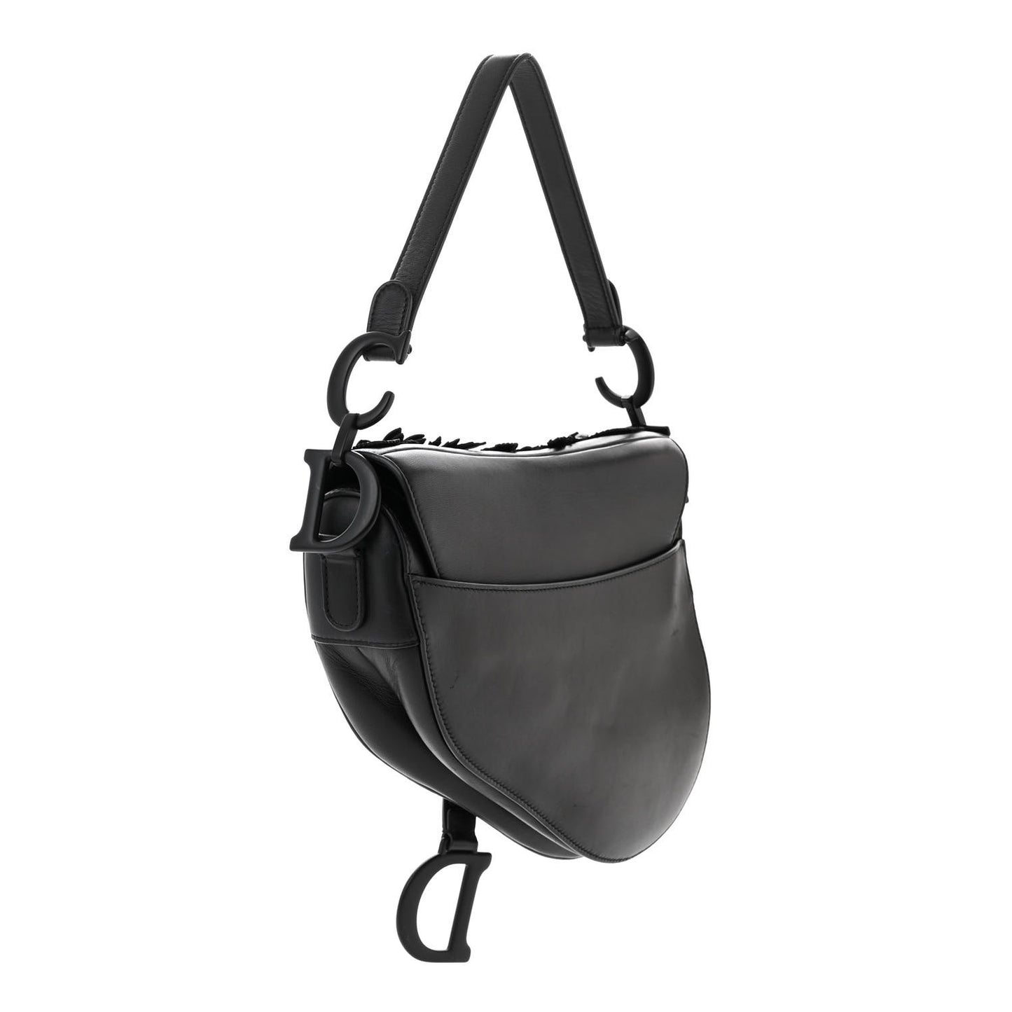 Lambskin 3D Floral Saddle Bag Black