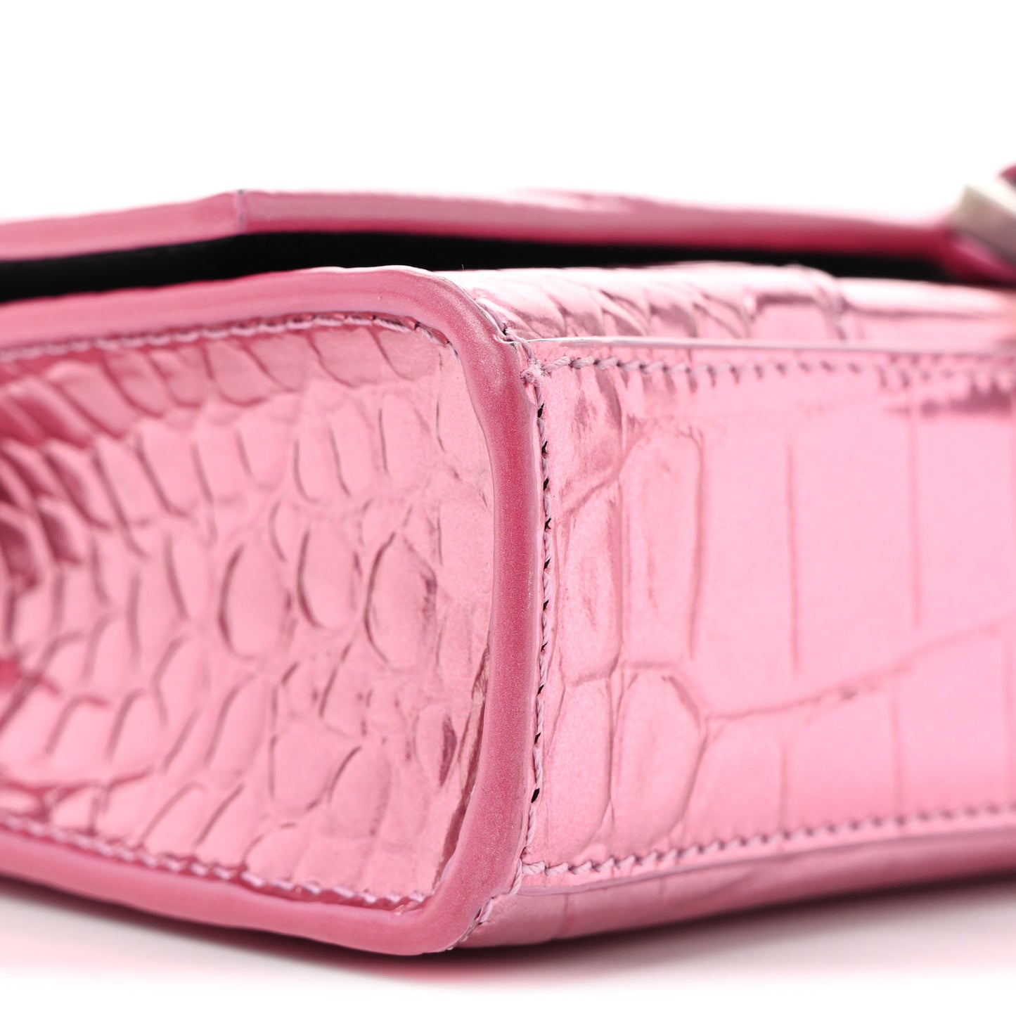 Metallic Shiny Calfskin Crocodile Embossed Hourglass Chain Bag Pink