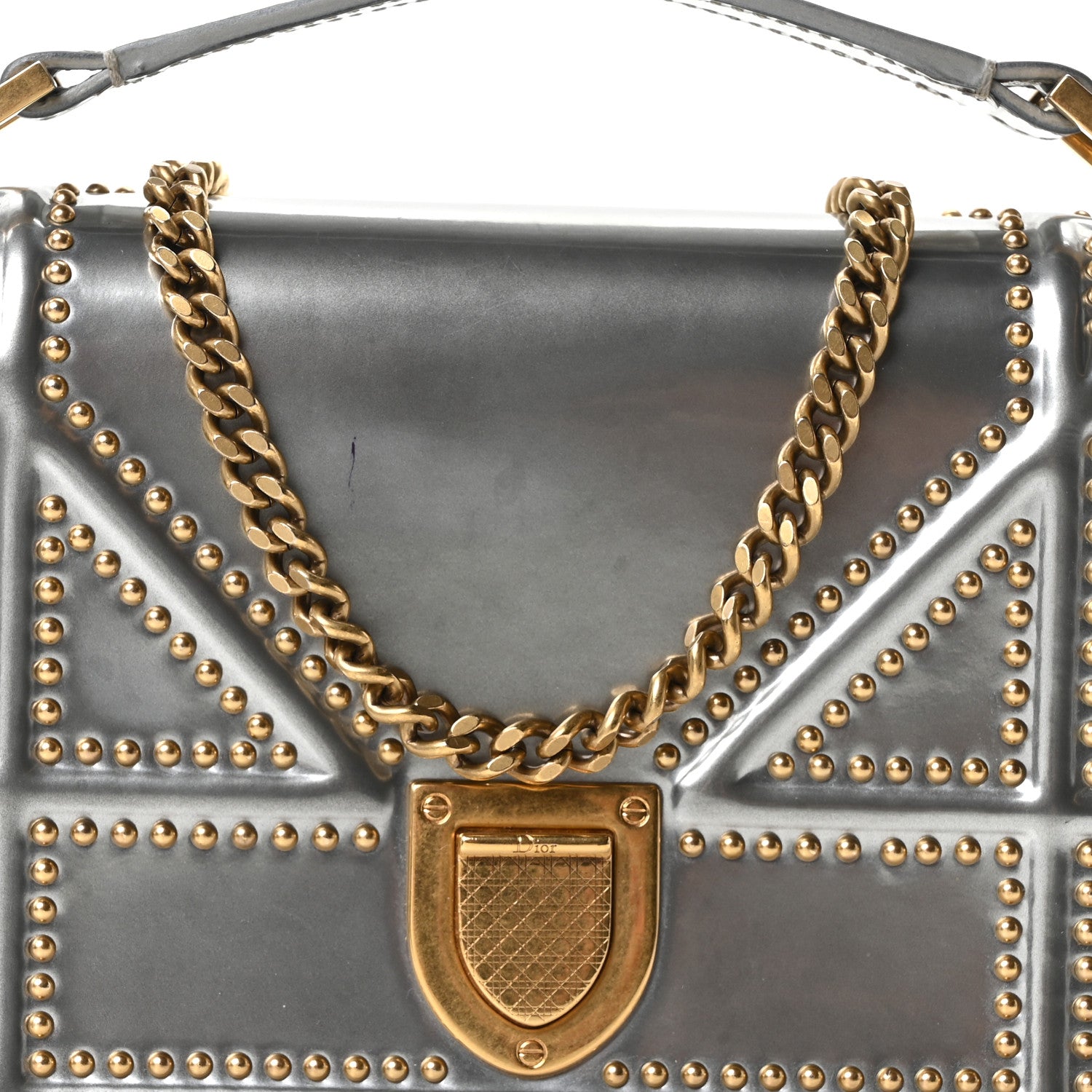 Christian Dior Metallic Patent Studded Diorama Top Handle Wallet on Chain Pouch Silver 9 of 11