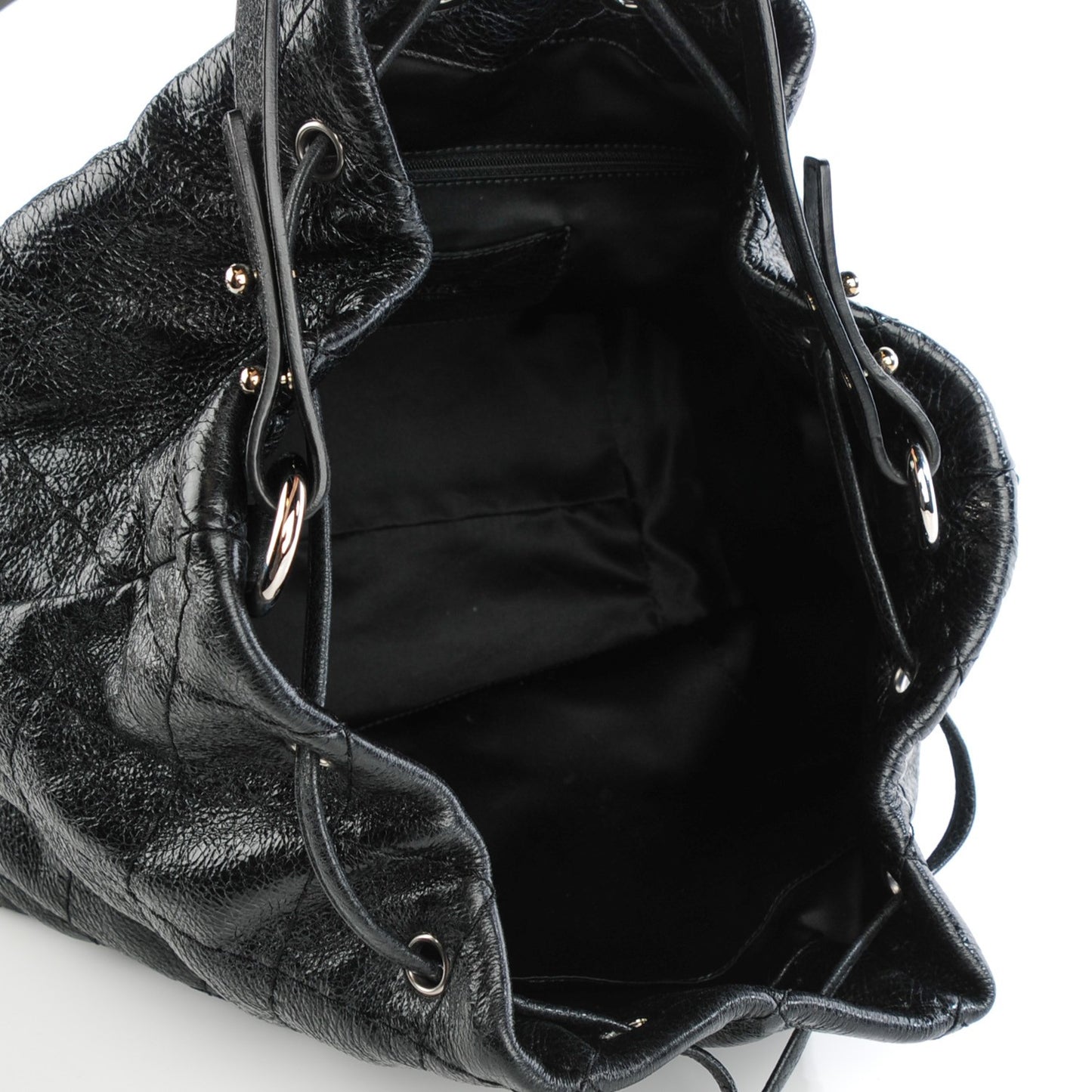 Glazed Calfskin On The Road Drawstring Tote Black