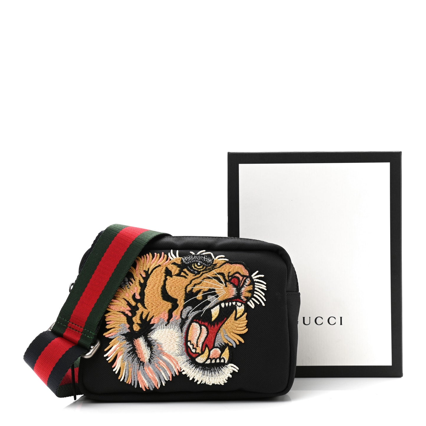 Canvas Web Tiger Embroidered Messenger Bag Black