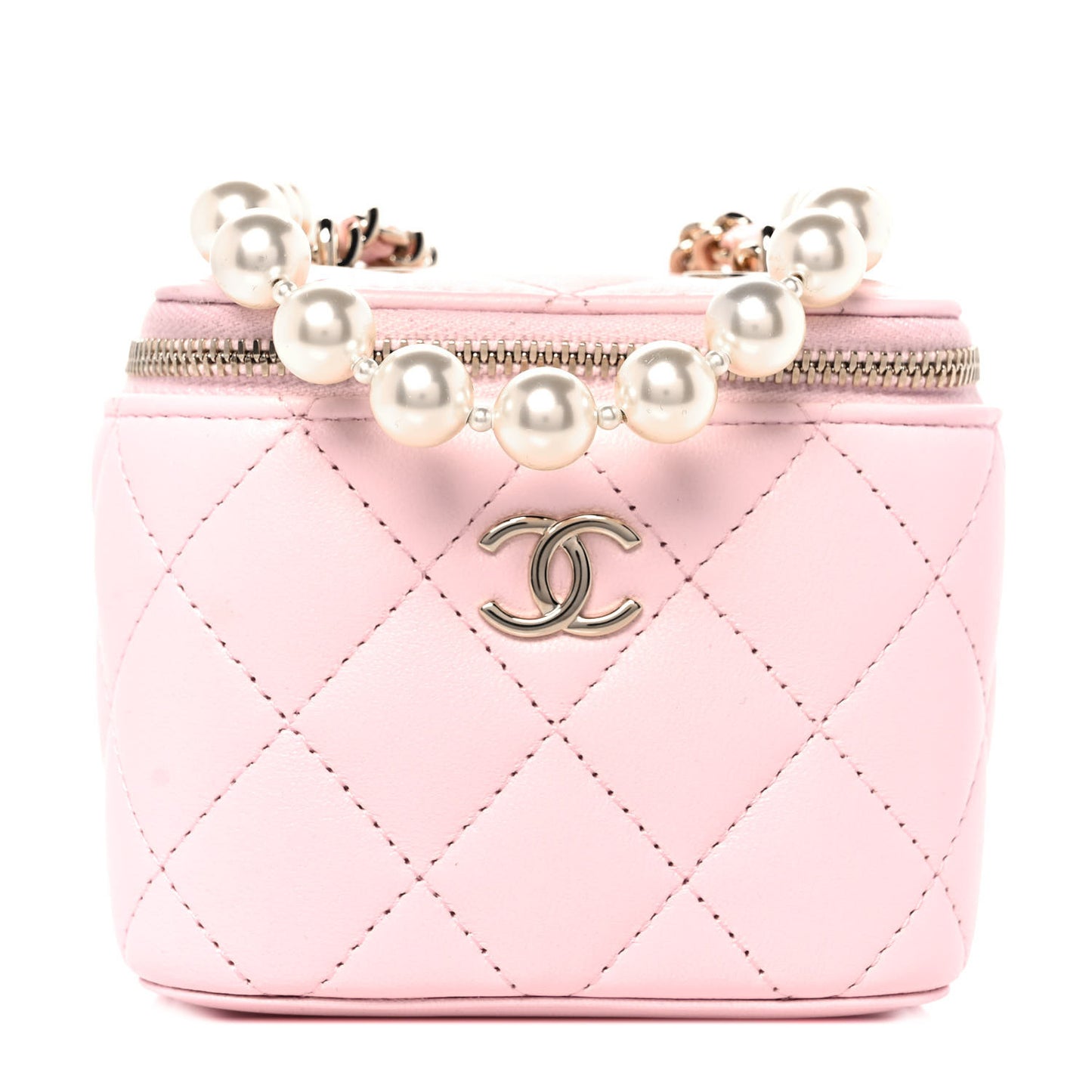 Lambskin Quilted Mini Vanity Case With Pearl Chain Light Pink