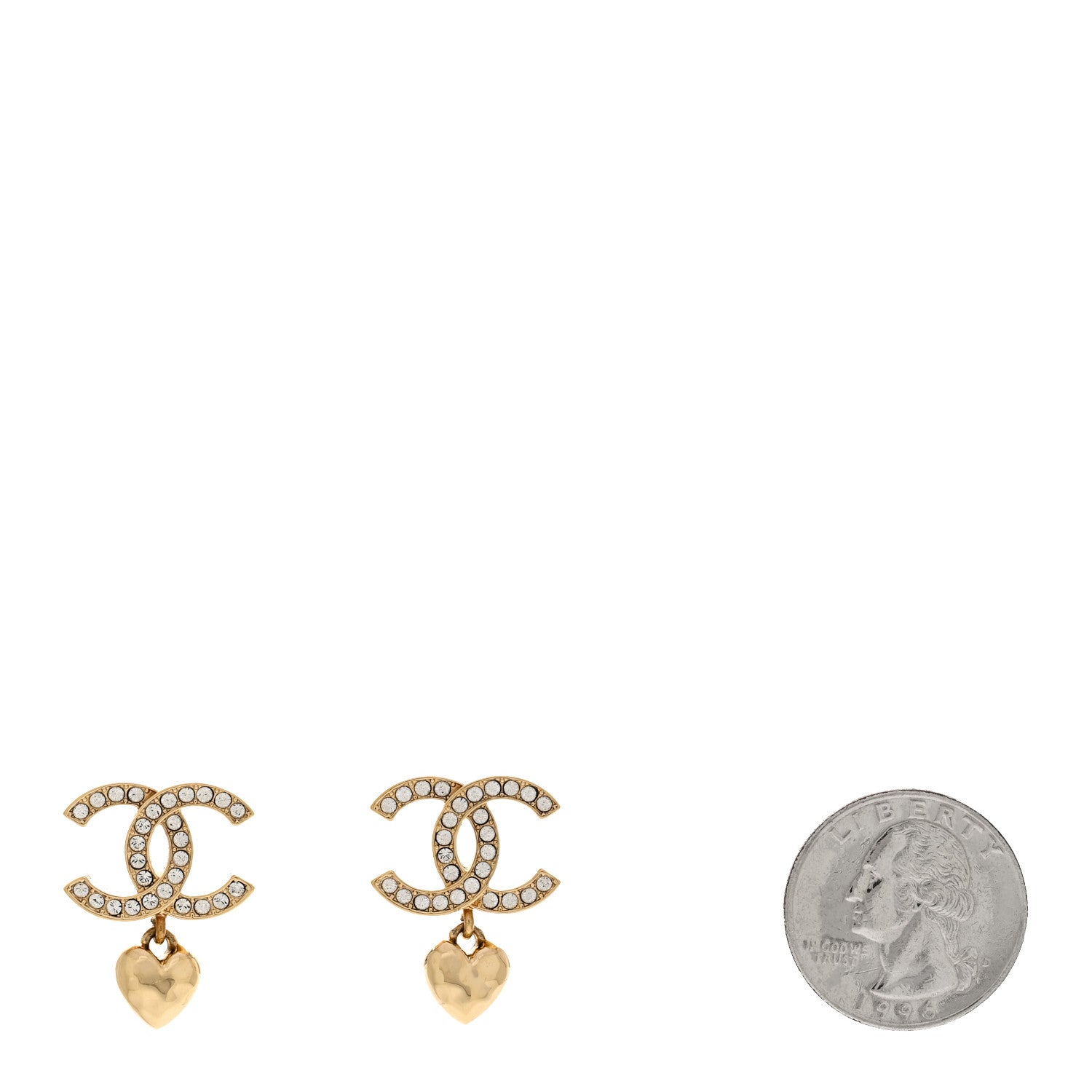 Chanel Metal Crystal CC Heart Drop Earrings Gold 2 of 5