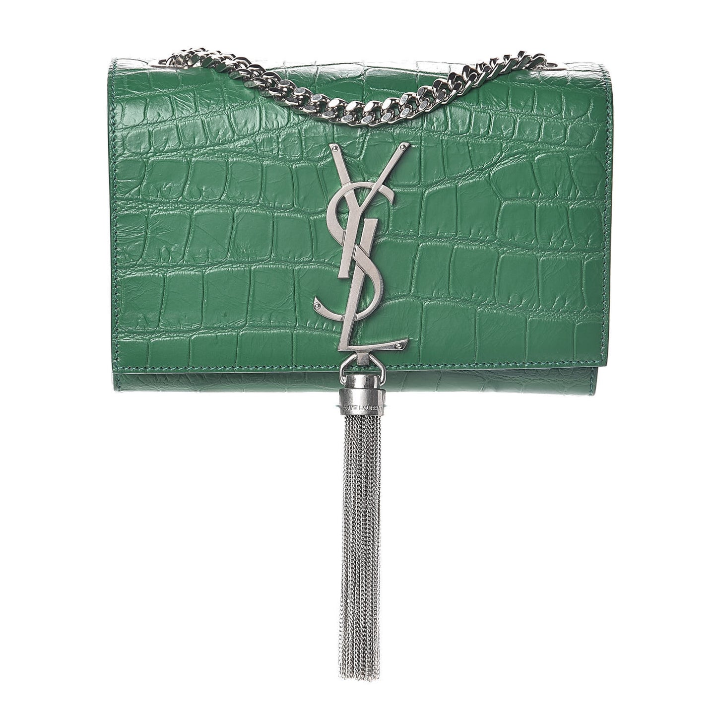 Calfskin Crocodile Embossed Monogram Small Kate Tassel Satchel Green