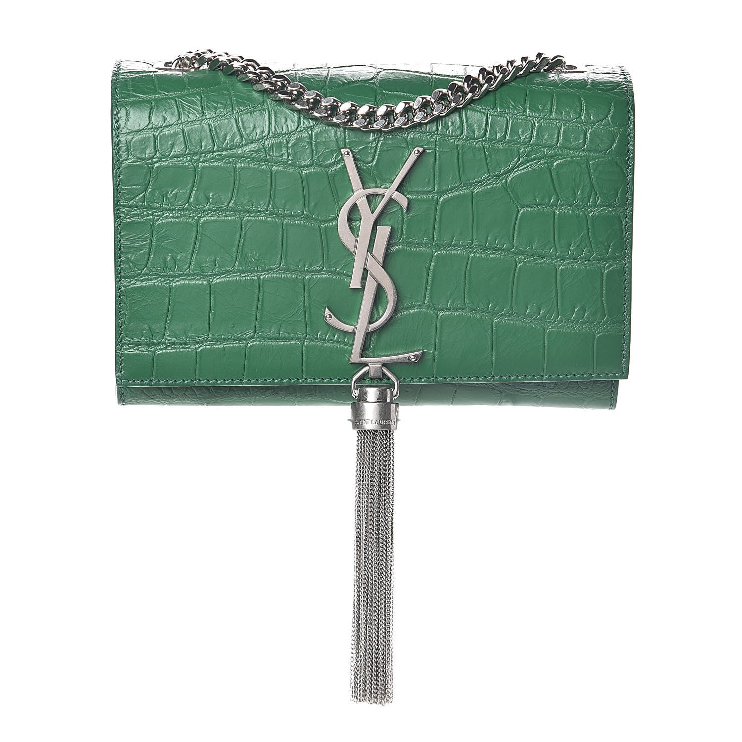 Saint Laurent Calfskin Crocodile Embossed Monogram Small Kate Tassel Satchel Green 1 of 8