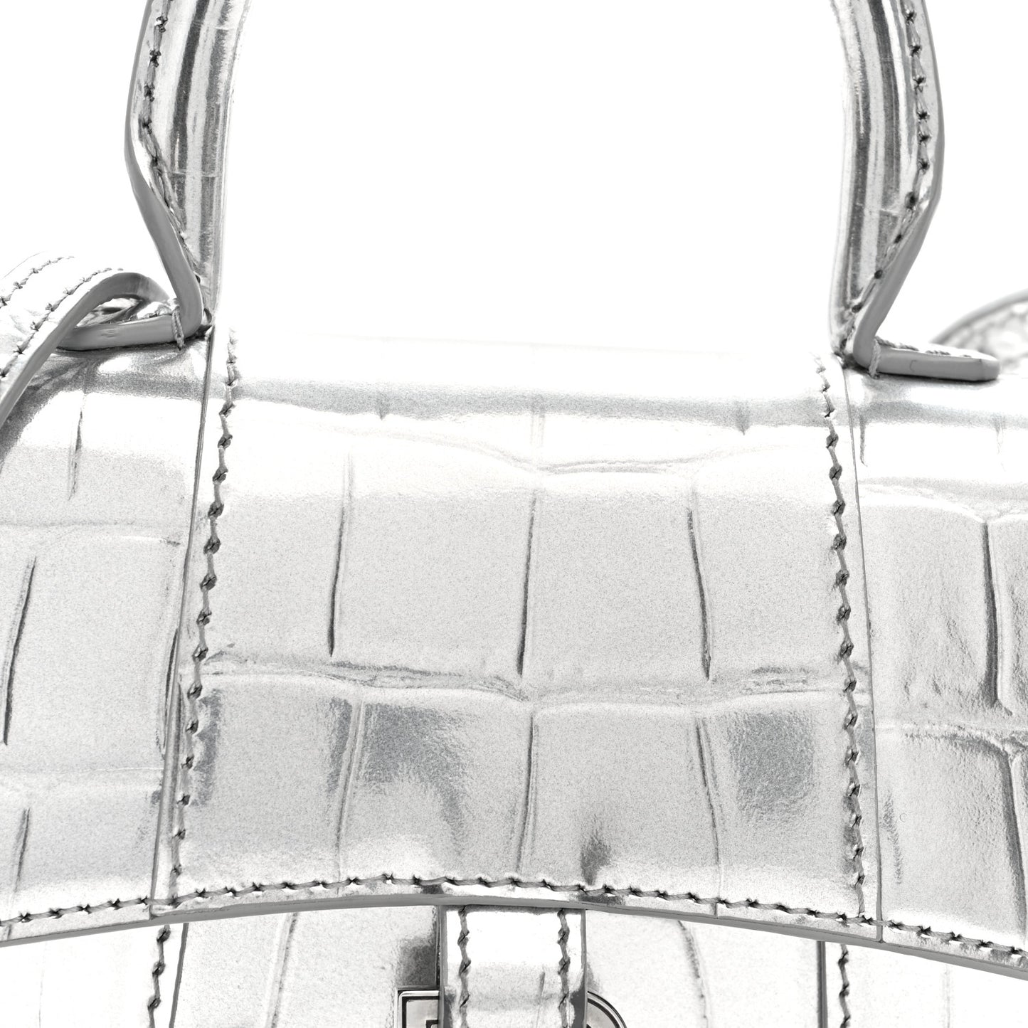 Metallic Calfskin Crocodile Embossed Hourglass Top Handle Bag Mini Silver