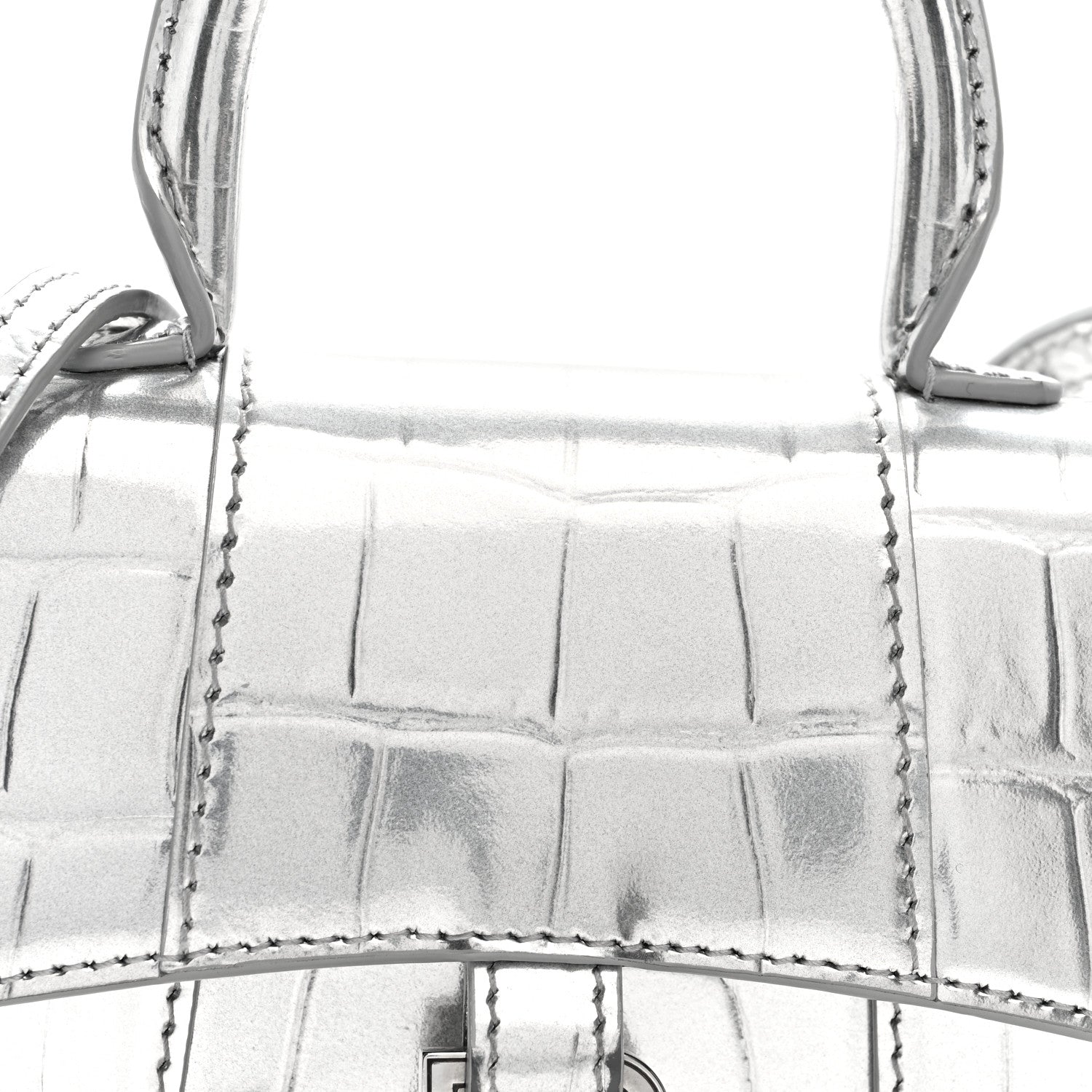 Balenciaga Metallic Calfskin Crocodile Embossed Hourglass Top Handle Bag Mini Silver 7 of 9