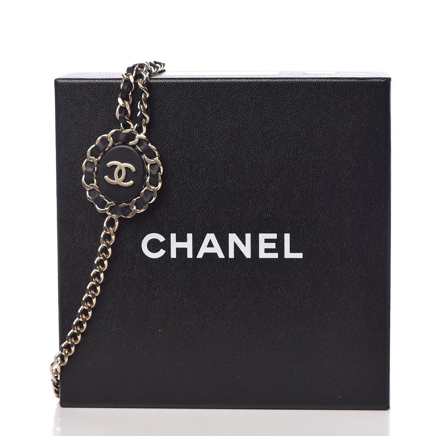 Lambskin CC Long Chain Necklace Black Gold