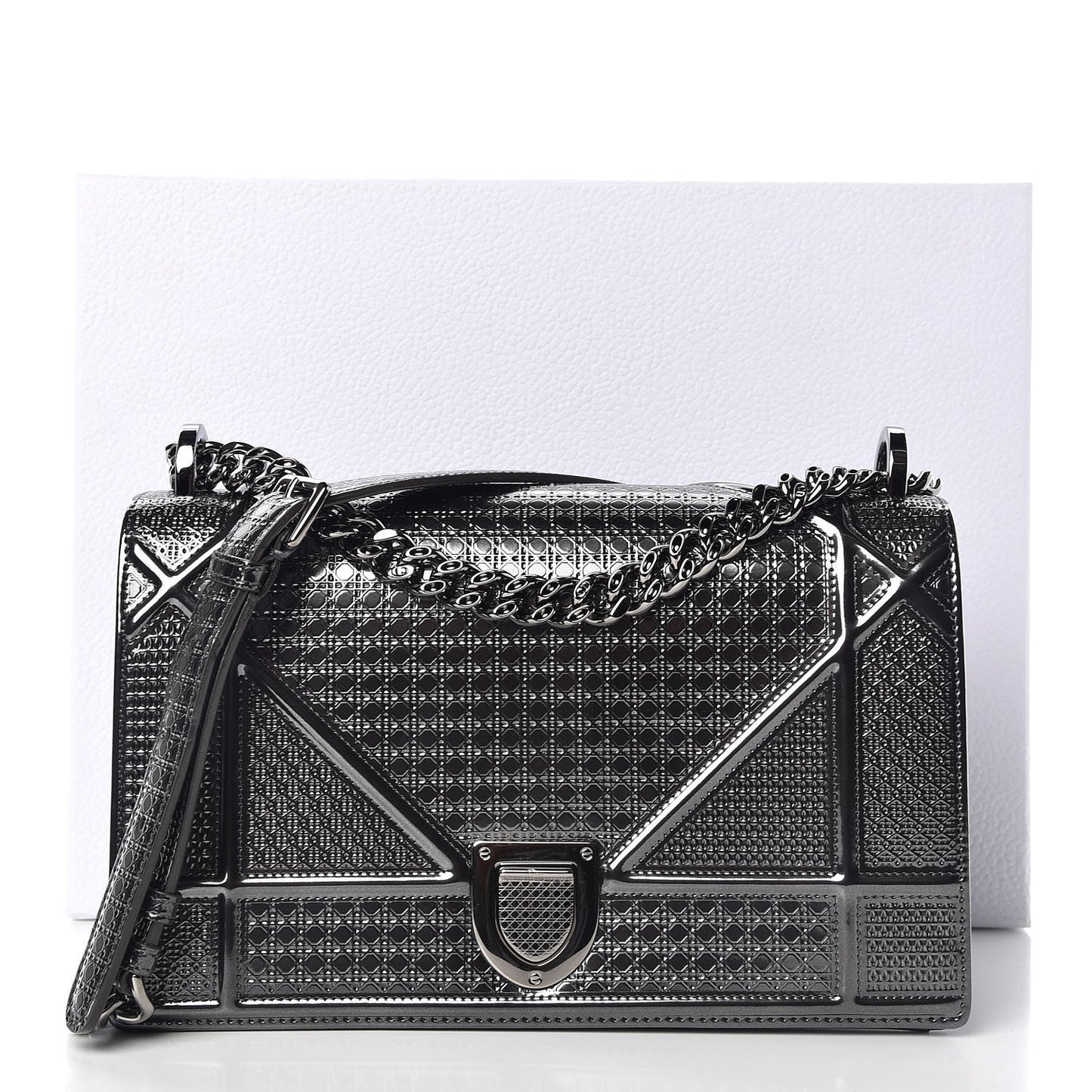 Metallic Patent Micro-Cannage Medium Diorama Flap Bag Graphite