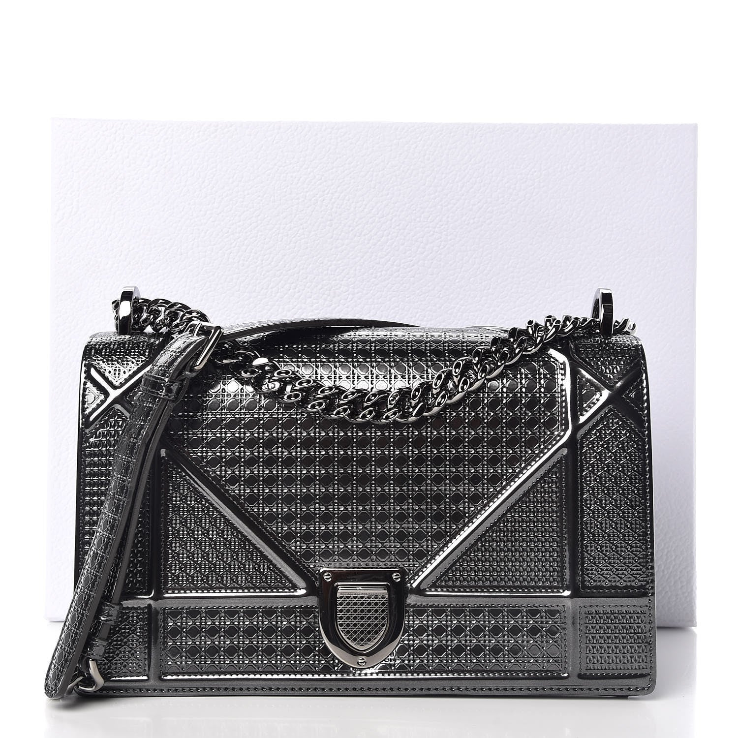 Christian Dior Metallic Patent Micro-Cannage Medium Diorama Flap Bag Graphite 11 of 11